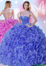 See Through High Neck Organza Quinceanera Dress with Ruffles and Beading