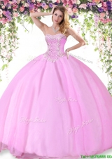 Beautiful Rose Pink Tulle Quinceanera Dress with Beading for Summer