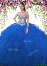 Cheap Ruffled and Beaded Royal Blue Quinceanera Dress in Tulle
