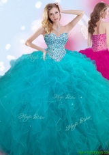 Discount Teal Big Puffy Quinceanera Dress with Beading and Ruffles