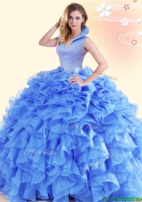 New High Neck Backless Quinceanera Dress with Ruffles and Beading