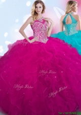 Perfect Halter Top Beaded and Ruffled Quinceanera Dress in Fuchsia