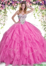 Popular Hot Pink Big Puffy Quinceanera Dress with Beading and Ruffles