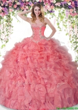 Unique Coral Red Quinceanera Dress with Beading and Ruffles for Summer