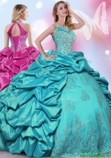 Unique Halter Top Turquoise Quinceanera Dress with Beading and Pick Ups