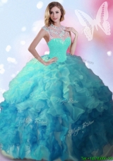 Classical High Neck Beaded and Ruffled Quinceanera Dress in Turquoise and Teal