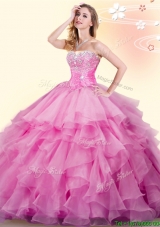 Lovely Rose Pink Really Puffy Quinceanera Dress with Ruffles and Beading