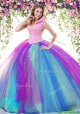 Perfect High Neck Beaded Big Puffy Quinceanera Dress in Rainbow