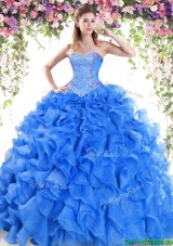 Cheap Brush Train Big Puffy Quinceanera Dress with Ruffles and Beading