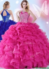 Classical Halter Top Hot Pink Quinceanera Dress with Beading and Ruffles