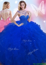 Beautiful High Neck Royal Blue Quinceanera Dress with Beading and Ruffles