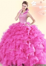 Perfect High Neck Hot Pink Quinceanera Dress with Ruffles and Beading