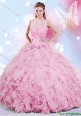 Perfect High Neck Rose Pink Quinceanera Dress with Beading and Ruffles