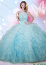 Pretty High Neck Beaded and Ruffled Sweet 16 Dress in Baby Blue
