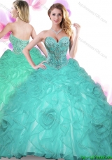 Top Selling Rolling Flowers Turquoise Quinceanera Dress with Beading