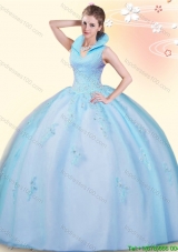 Unique High Neck Baby Blue Quinceanera Dress with Appliques and Beading