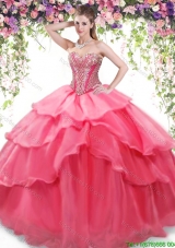 Beautiful Ruffled Layers and Beaded Quinceanera Dress in Coral Red