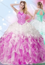 Best Beaded Bodice and Ruffled Quinceanera Dress in Fuchsia and White