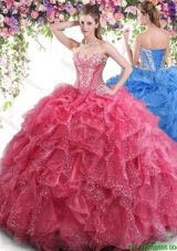 Elegant Beaded and Ruffled Quinceanera Dress in Coral Red for Summer