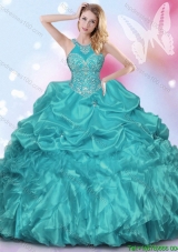 Fashionable Turquoise Halter Top Quinceanera Dress with Appliques and Ruffles