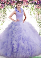 Lovely High Neck Beaded and Ruffled Quinceanera Dress in Lavender