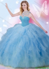 Lovely High Neck Zipper Up Quinceanera Gown with Ruffles and Sequins