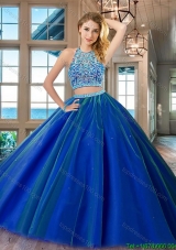 Unique Two Piece Royal Blue Open Back Quinceanera Dress in Tulle