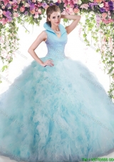 Exquisite Beaded and Ruffled High Neck Quinceanera Dress in Baby Blue