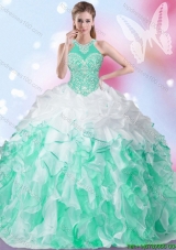 Best Selling Beaded and Bubble Green and White Sweet 16 Dress in Organza