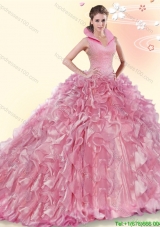 Classical High Neck Beaded and Ruffled Quinceanera Dress with Brush Train