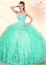 Discount Ruffled and Beaded Big Puffy Quinceanera Dress in Apple Green