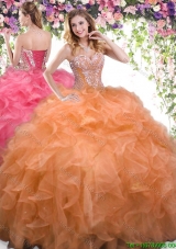 Latest Ruffled and Beaded Organza Quinceanera Dress in Orange