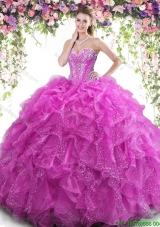 Unique Fuchsia Organza Sweet 16 Dress with Beading and Ruffles