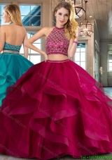 Wonderful Two Piece Tulle Fuchsia Quinceanera Dress with Beading and Ruffles