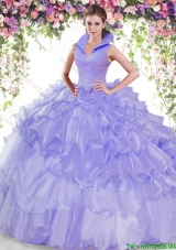 Lovely High Neck Lavender Quinceanera Dress with Ruffled Layers and Beading