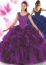 Popular Beaded and Ruffled Scoop Quinceanera Dress in Dark Purple