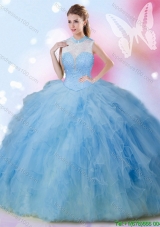 Romantic High Neck Beaded and Ruffled Quinceanera Dress in Baby Blue