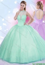 Wonderful High Neck Beaded Sweet 16 Gown in Apple Green