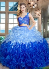 Modern V Neck Zipper Up Ruffled and Laced Bodice Quinceanera Dress in Organza