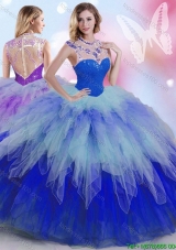 See Through High Neck Gradient Color Quinceanera Dress with Ruffles and Beading