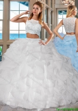 White Bateau Brush Train Side Zipper Two Piece Quinceanera Dresses with Beading