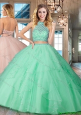 Affordable Two Piece Halter Top Backless Mint Quinceanera Dress in Tulle