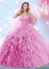 Cheap Beaded and Ruffled Rose Pink Quinceanera Dress with Brush Train