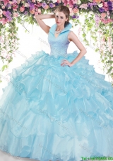 Elegant Ruffled Layers and Beaded Baby Blue Quinceanera Dress in Organza