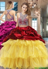 Pretty Ruffled Layers Wine Red and Yellow Quinceanera Dress with Brush Train