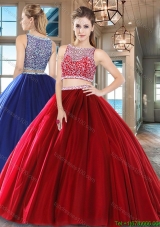 Romantic Two Piece Beaded Bodice Tulle Quinceanera Dress in Wine Red