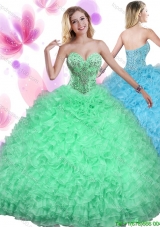 Classical Spring Green Big Puffy Sweet 16 Dress with Beading and Ruffles