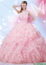 Elegant High Neck Beaded and Ruffled Quinceanera Dress in Baby Pink