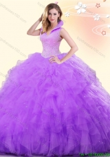Popular High Neck Lilac Quinceanera Dress with Ruffles and Beading
