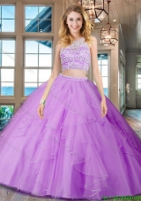 Best See Through Scoop Beaded Bodice and Ruffled Quinceanera Gown in Lilac